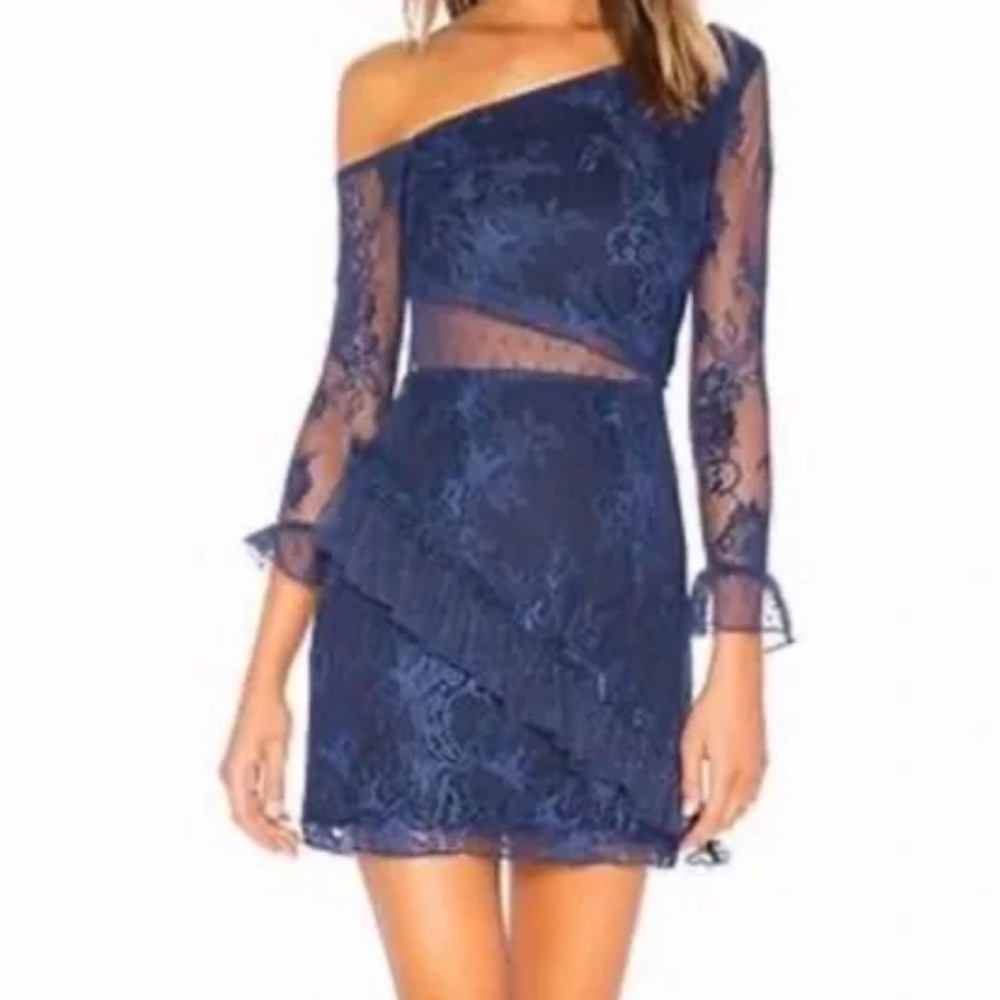 Lovers + Friends Blue Asymmetrical Ruffled Sheath Dress size Large NWT